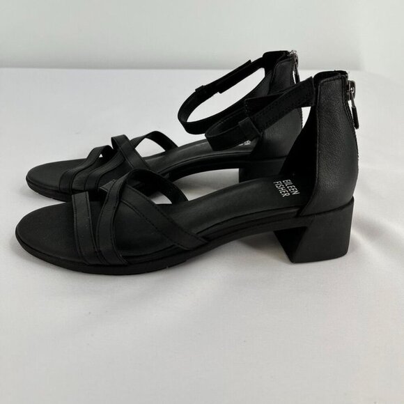 Eileen Fisher Noni Womens Size 7.5 Black Tumbled Leather Black Heel Hook & Loop - Picture 5 of 15